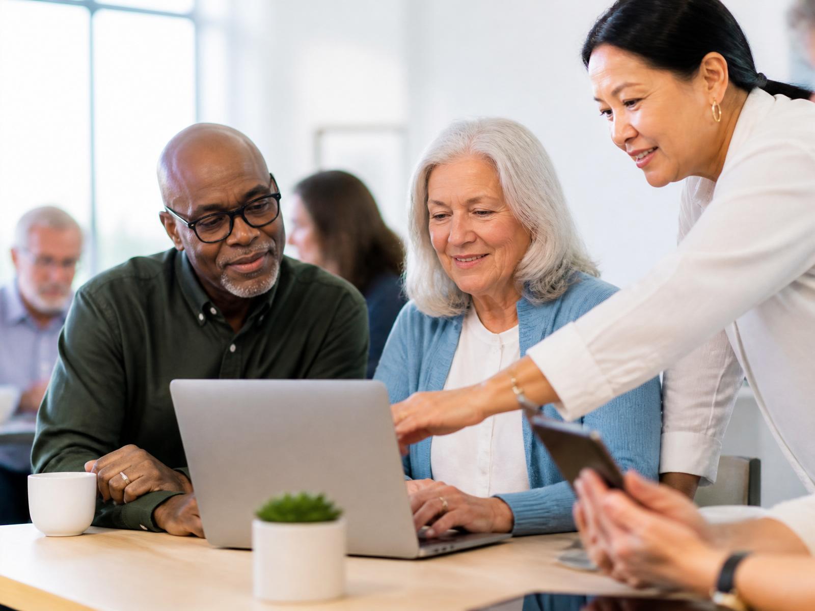 Friendly diverse adults learning technology together